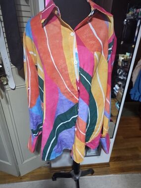 Source Unknown Pink Orange Yellow Green Blue Abstract Stripe Button-Down Shirt
